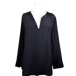 Lafayette 148 Women's Large Black Silk Blouse Top Slit V-Neck Long Sleeve Tunic